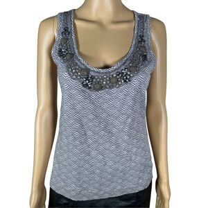 Anthropologie Deletta Women's Gray & Cream Jeweled Neckline Tank Top Siz…